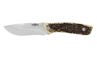 Camillus Western Crosstrail, Fixed Blade Knife, Plain Edge, Faux Stag Handle, Satin Finish, Silver Blade, 4.25" Blade Length, 9" Overall Length, 420 Stainless Steel Blade, Includes Nylon Sheath CAM-19246