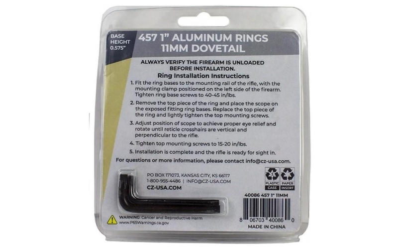 CZ Aluminum Rings, 1", Fits CZ 457/455 with 11MM Dovetail, Matte Finish, Black 40086