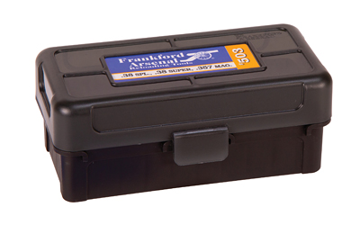 Frankford Arsenal Hinge-Top Ammo Box, 503, 50 Rounds, Fits 38 Special, 357 Magnum and 38 Super, Smoke Gray, Plastic 1083784