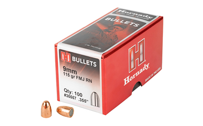Hornady FMJ-RN, .355 Diameter, 9MM, 115 Grain, Round Nose, 100 Count 35557
