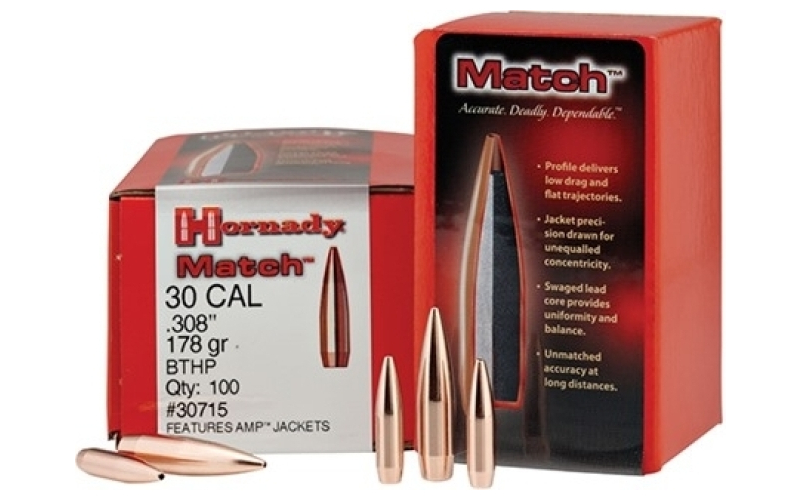 Hornady 30 caliber (0.308'') 155gr hollow point boat tail 100/box
