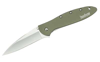 Kershaw Leek, 3", Assisted Folding Knife, Clip Point Thumb, Plain Edge, 14C28N/Satin, Anodized Aluminum, Thumb Stud/Pocket Clip, Olive 1660OL