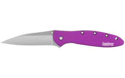 Kershaw Leek, 3", Assisted Folding Knife, Clip Point Thumb, Plain Edge, 14C28N/Satin, Anodized Aluminum, Thumb Stud/Pocket Clip, Purple 1660PUR
