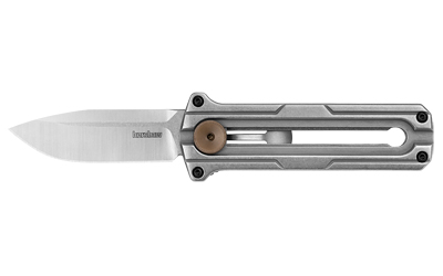 Kershaw Cybernet, Folding Knife, Out the Front, Plain Edge, D2 Blade Steel, Satin Finish, Silver, Stainless Steel Handle, Sliding Button Lock, 2.4" Blade, 5.95" Overall Length, Includes Pocket Clip 2046