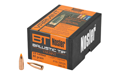 Nosler Ballistic Tip, .224 Diameter, 22 Caliber, 55 Grain, Spitzer, 100 Count 39526