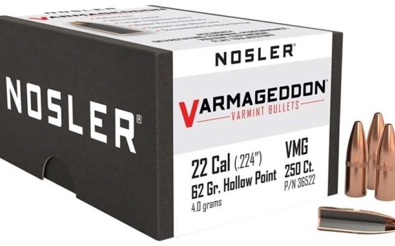 NOSLER 22 caliber (0.224'') 62gr hollow point flat base 250/box