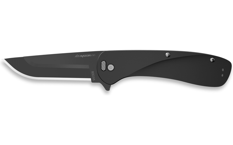 Outdoor Edge Razor VX1, Folding Knife, Plain Edge, 3" Blade Length, 7.3" Overall Length, 420J2 Stainless Steel, Includes (2) Standard Plain Edge and (1) Partially Serrated Blade, Anodized Black Finish, Aluminum Scales, Stainless Steel Blade Holder, Reversible Deep Carry Clip VX130B-C