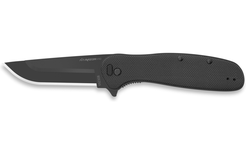 Outdoor Edge Razor VX2, Folding Knife, Plain Edge, 3" Blade Length, 7.3" Overall Length, 420J2 Stainless Steel, Includes (2) Standard Plain Edge and (1) Partially Serrated Blade, Black Oxide Finish, Black G10 Scales, Stainless Steel Frame/Blade Holder, Reversible Deep Carry Clip VX230B-C