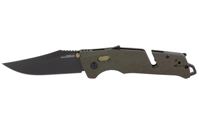 SOG Knives & Tools Trident AT, Folding Knife, 3.7" Straight Clip Point, Olive Drab Green Handle, D2 Steel, Titanium Nitride Finish, Black SOG-11-12-03-41