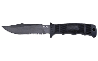 SOG Knives & Tools Seal Pup, Fixed Blade Knife, 4.75" Partially Serrated, Clip Point, Black Glass Reinforced Nylon Handle, AUS-8 Steel, Hardcased Finish, Black, Includes Nylon Sheath SOG-M37N-CP